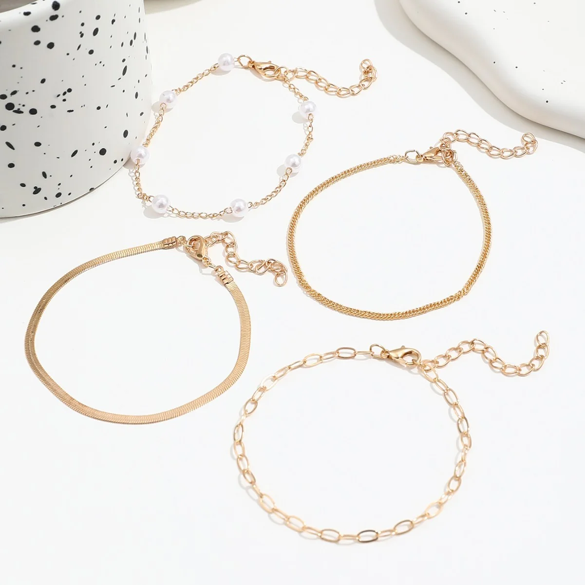 4-Piece Bohemian Paperclip Faux Pearl Snake Chain Bracelet Set - Image 4