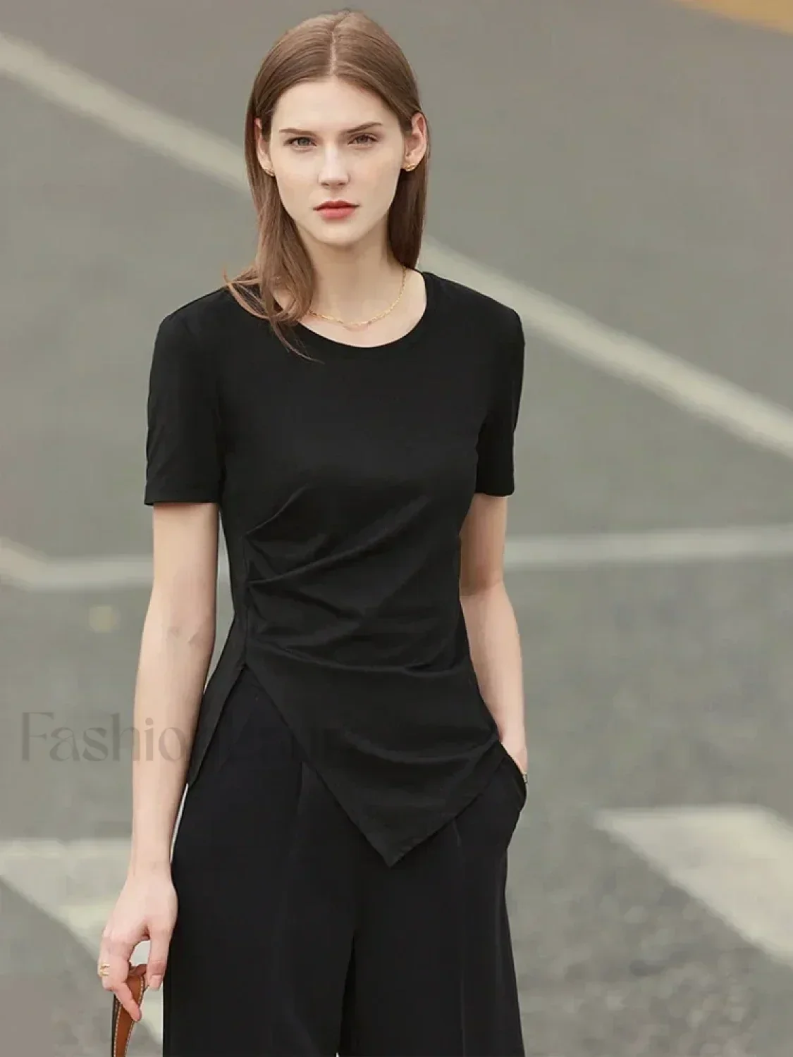 Asymmetric Neck Solid T-Shirt - Image 2