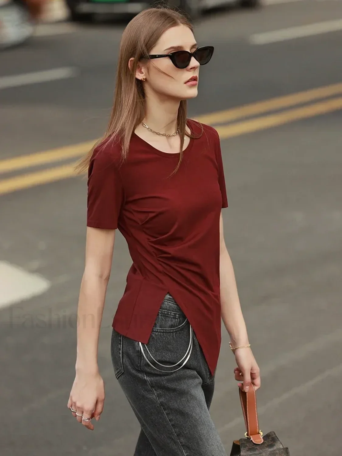 Asymmetric Neck Solid T-Shirt - Image 3