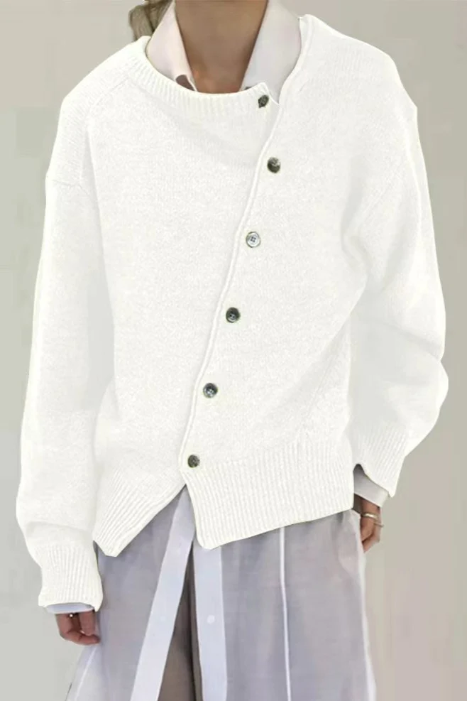 Asymmetrical Button Irregular Slouchy Solid Sweater - Image 6