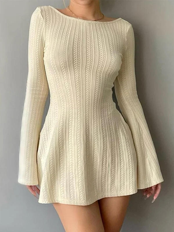 Backless Knitted Long Sleeve Mini Dress - Image 22