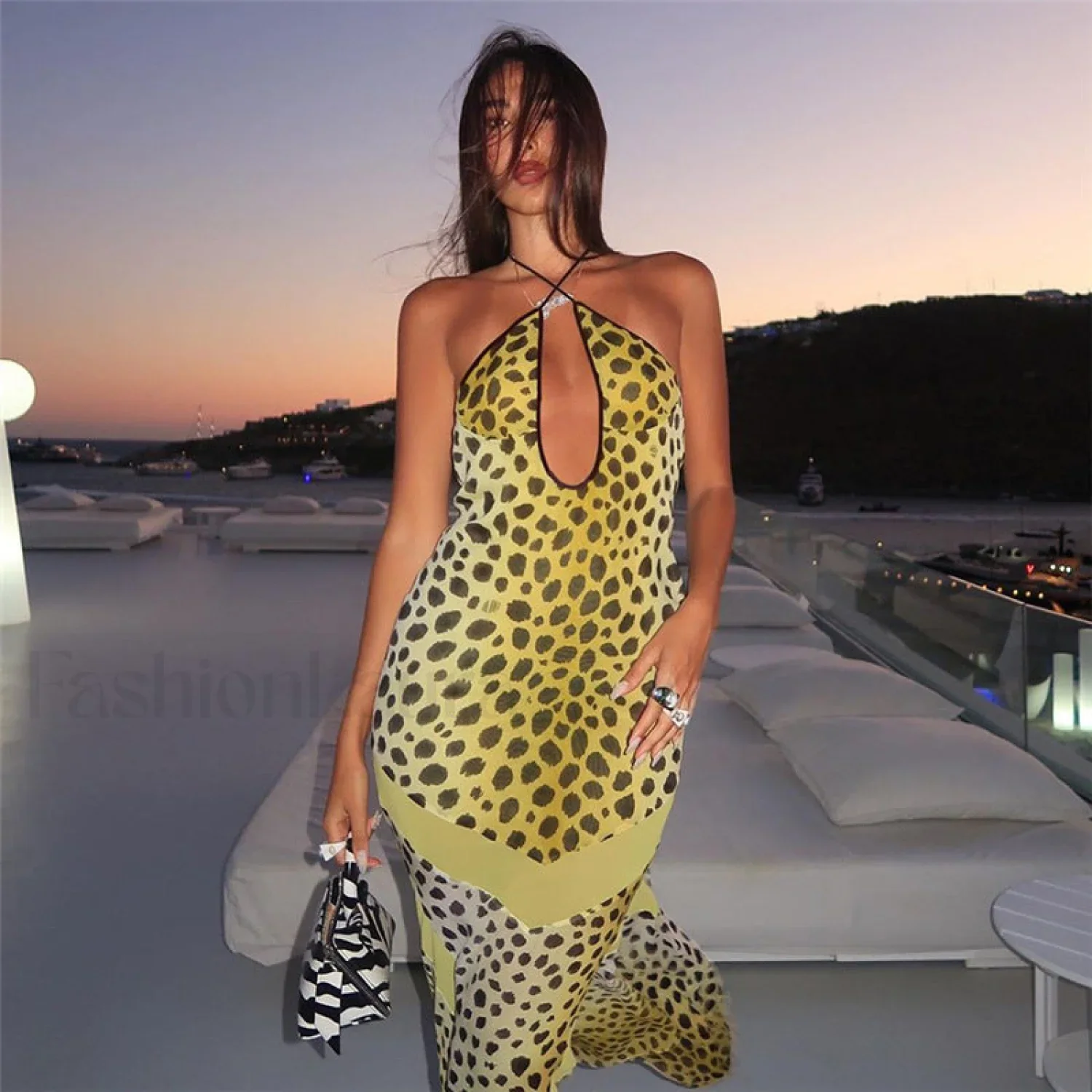 Backless Neck Print Sexy Slim Fit Maxi Dress - Image 2