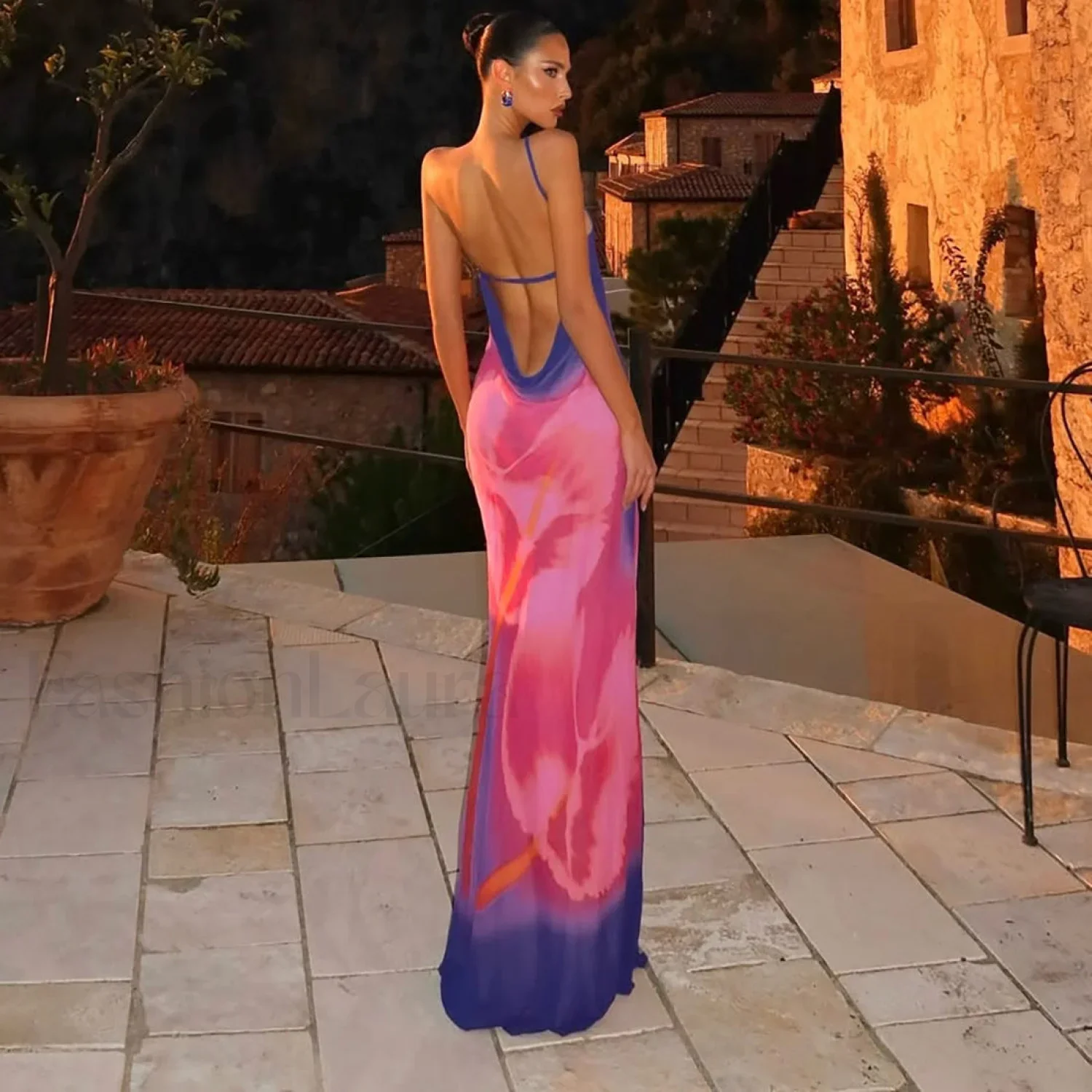 Backless Printed One-Shoulder Strappy Maxi Dress - Image 2