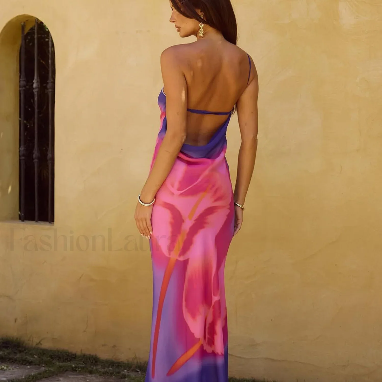 Backless Printed One-Shoulder Strappy Maxi Dress - Image 4