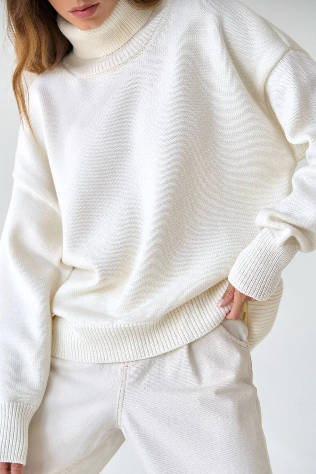 Basic Solid Knit Turtleneck Sweater - Image 2