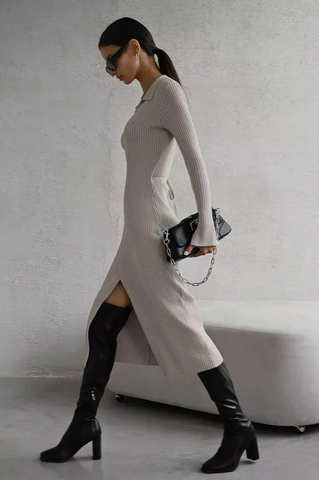 Belted Long Sleeve Solid Knit Sweater Dress - Image 10