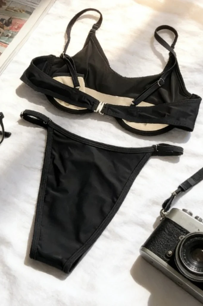 Black Hollow Strappy Metal Ring Bikini Set - Image 5