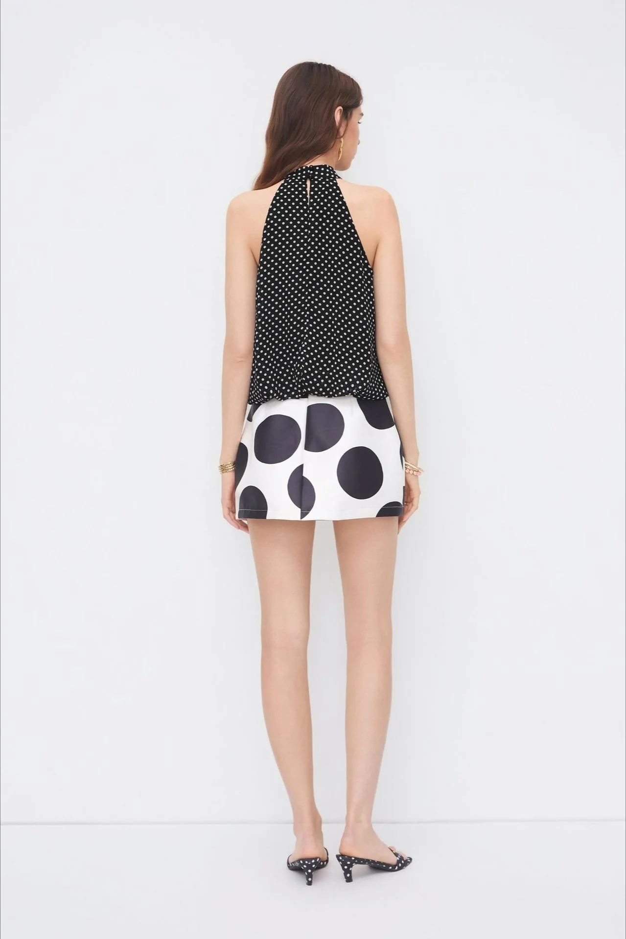 Black Polka Dot Draped Tie Halter Top - Image 2
