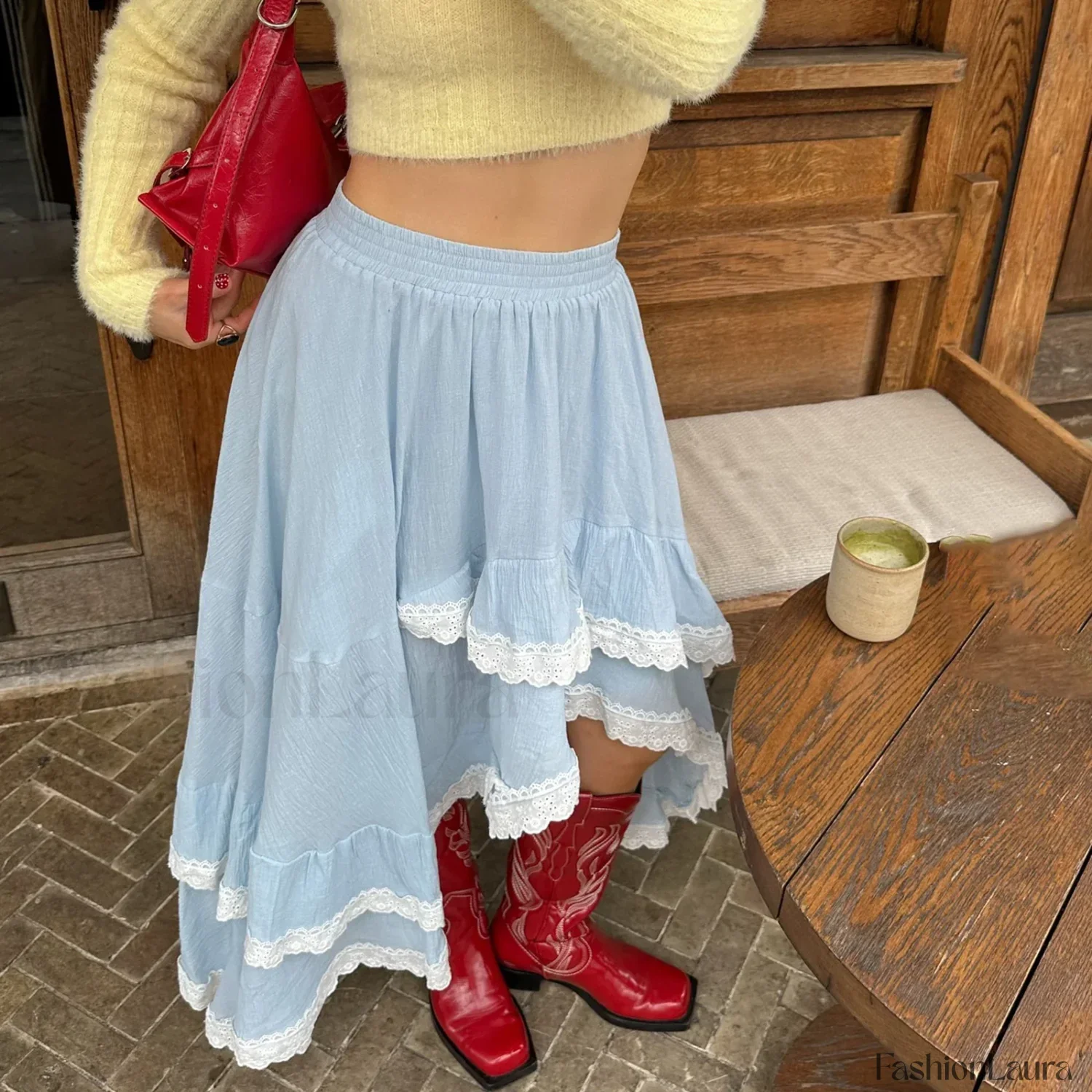 Blue Lace Patchwork Asymmetric Skirt - Image 15