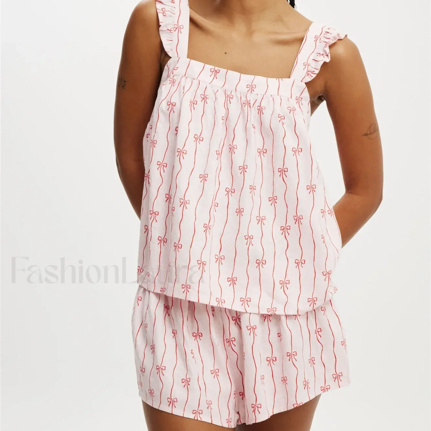 Bow Print Ruffled Camisole Wide Leg Shorts Two Piece Set - Image 12