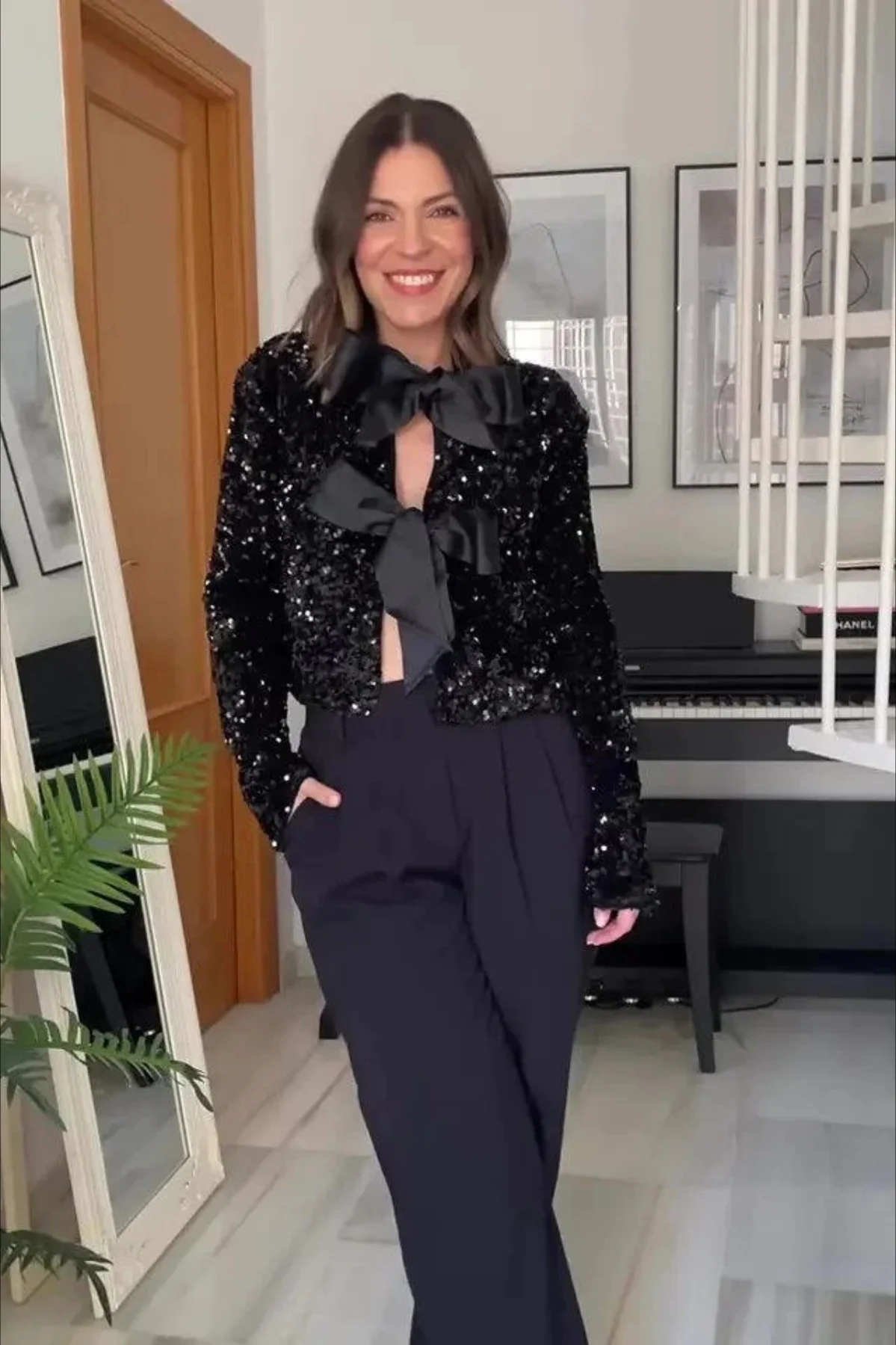 Bow Sequin Cut Out Long Sleeve Jacket - Image 7