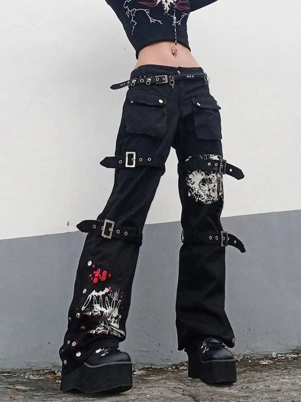 Buckle Strap Printed Cargo Jeans - Image 8