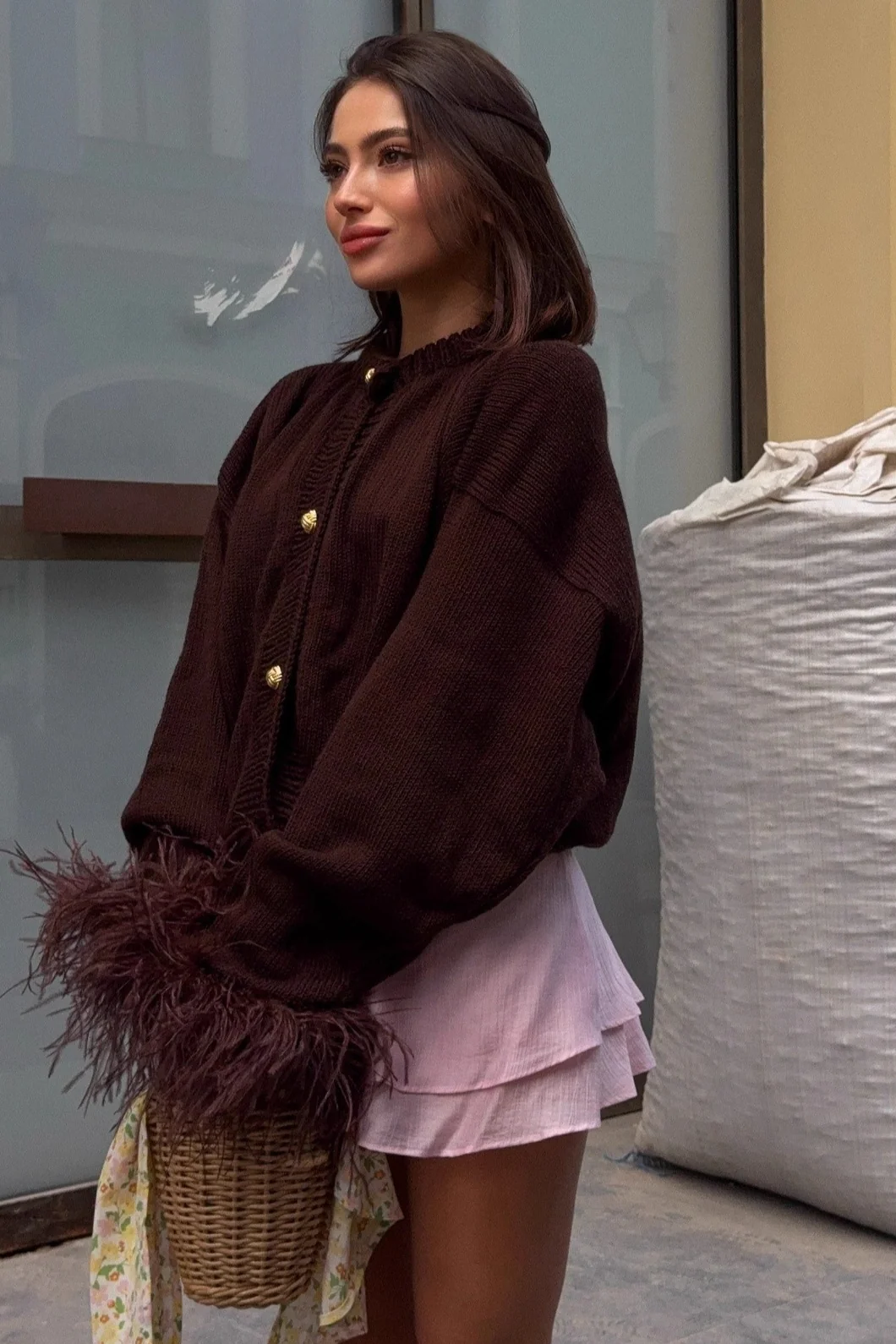 Button Accented Solid Feather Paneled Sweater