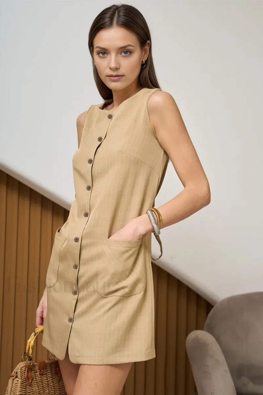 Buttoned Tie Sleeveless Round Neck Work Dress - Image 5