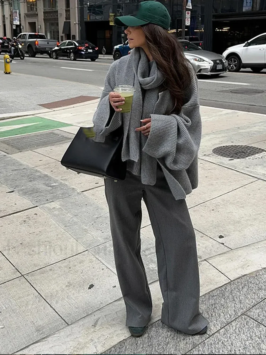 Casual Grey Cropped Oversize Women's Scarf Collar Long Sleeve Knitted Pullover Sweater - Image 11