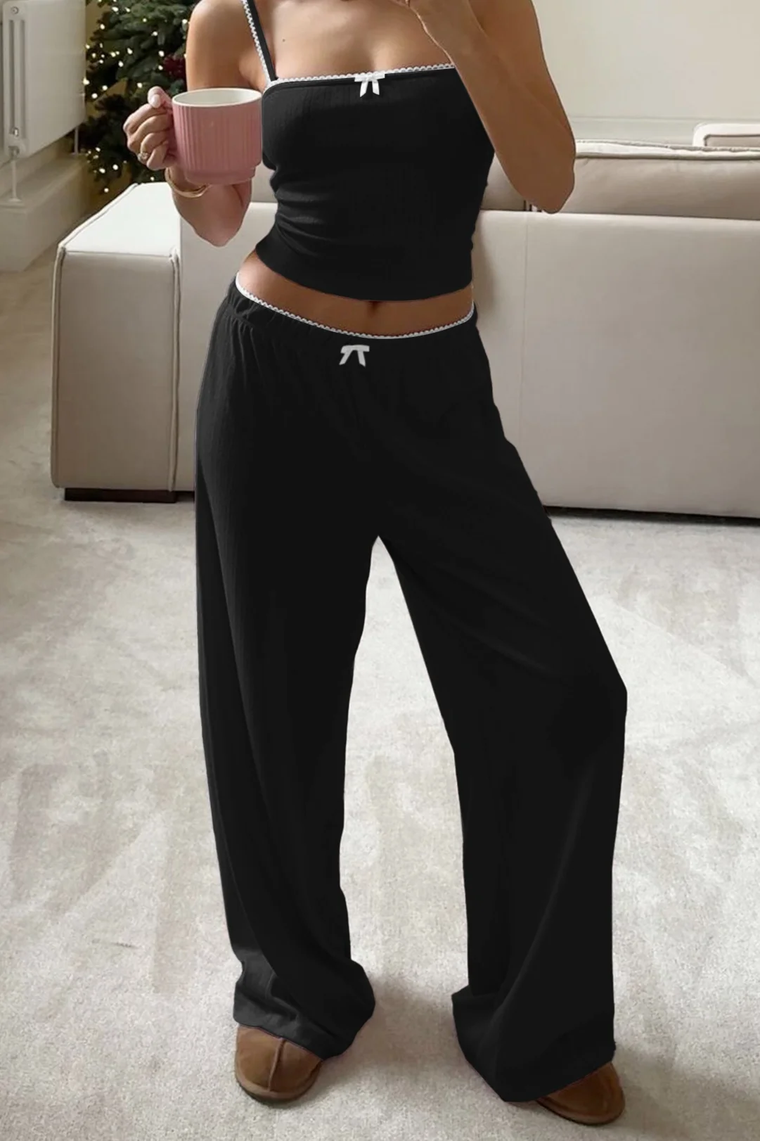 Casual Ribbed Tank Top High Waist Straight Leg Pants Set - Image 9