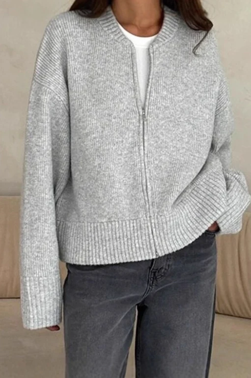 Casual Solid Color Zip-Up Loose Fit Knit Sweater - Image 2