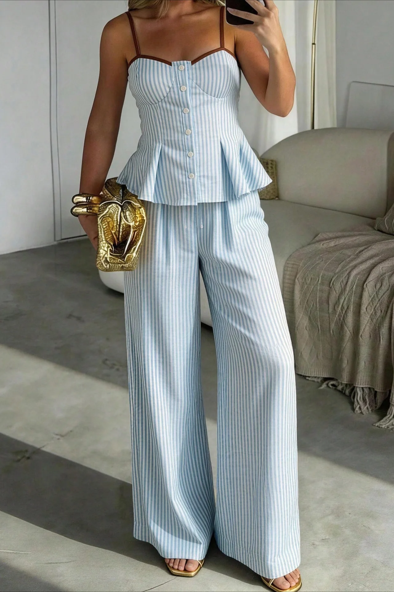 Color Block Striped Linen Blend Pants Set - Image 4
