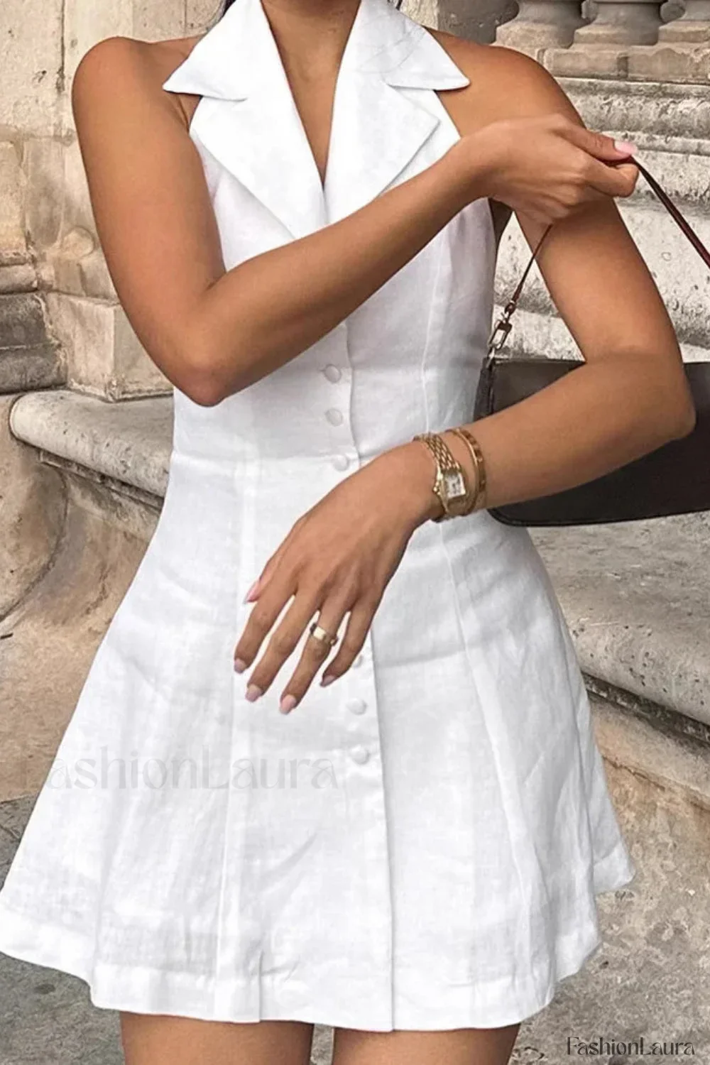 Cotton Linen Backless Sexy Neckline Mini Dress - Image 10