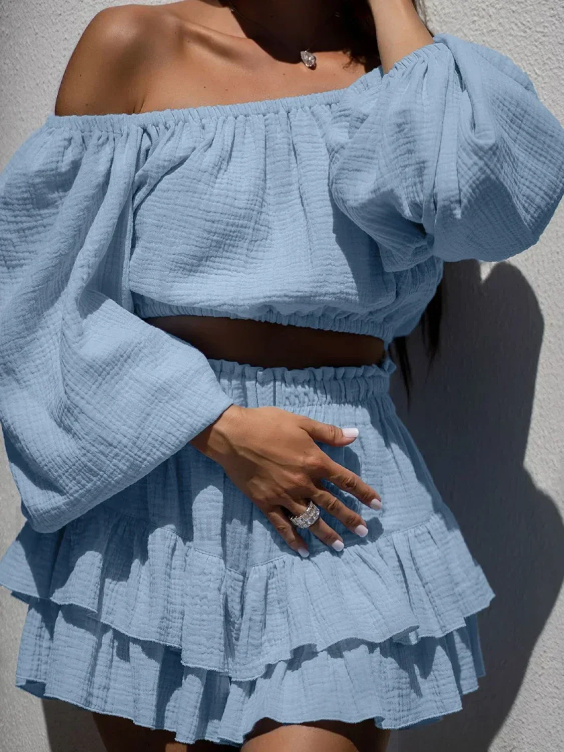Cotton Long Sleeve Slash Neck Skirt Two Piece Set - Image 5
