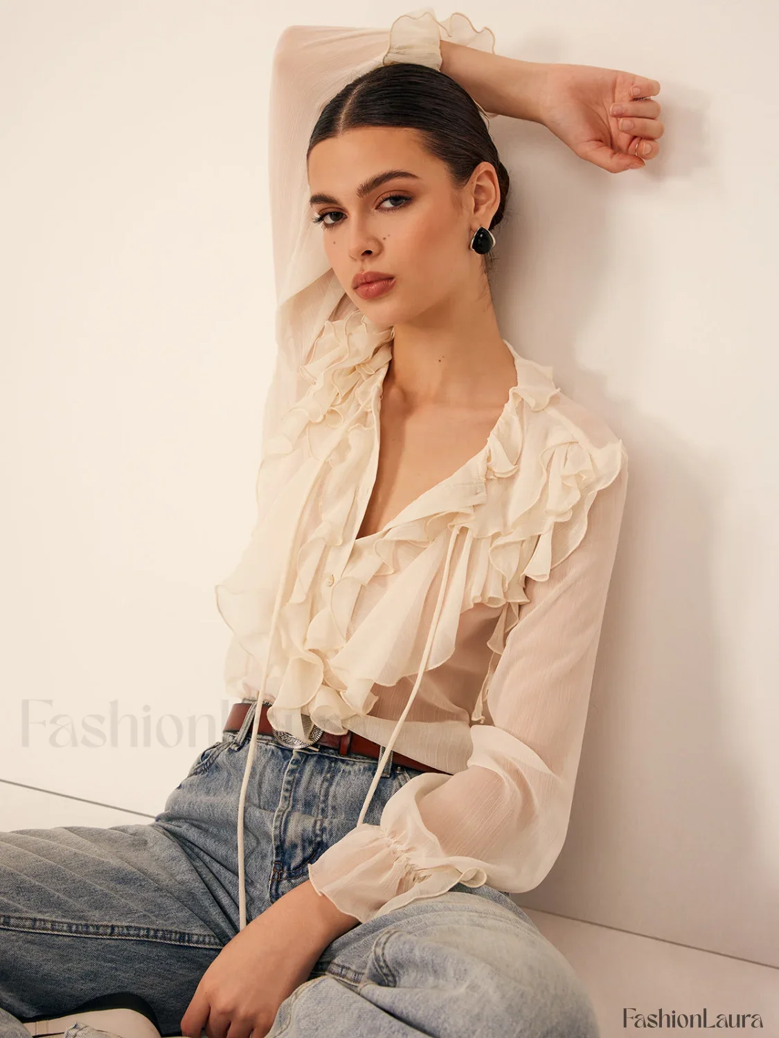 Semi-Sheer Ruffle Chiffon Breasted Blouse - Image 17