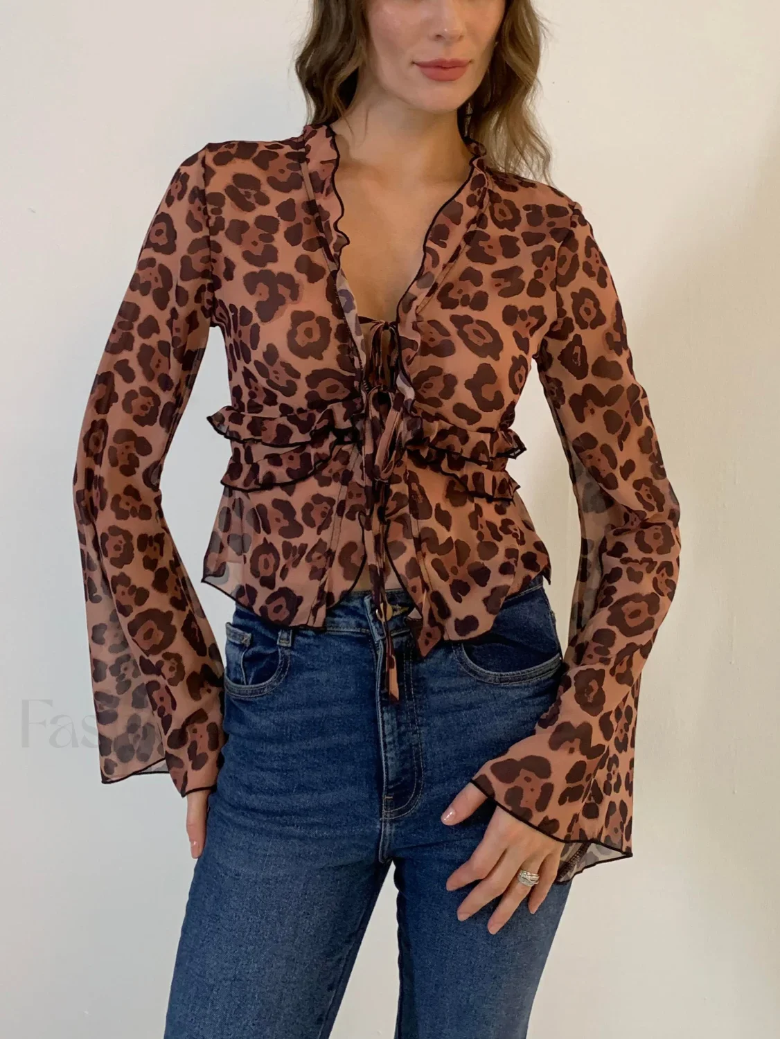 Leopard Print Semi-Sheer Ruffle V-Neck Blouse - Image 5
