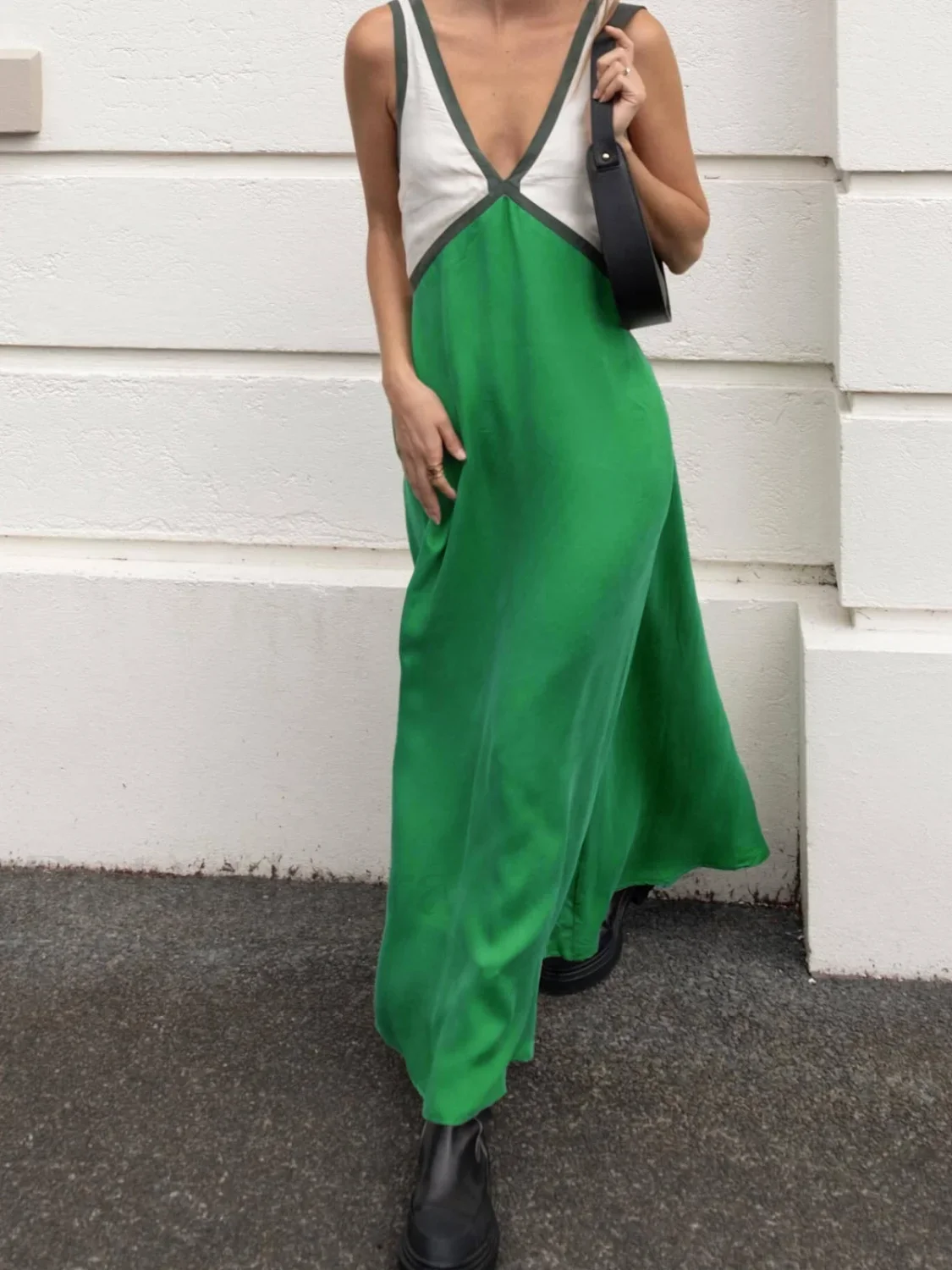 Satin Contrast Trim Long Dress - Image 2