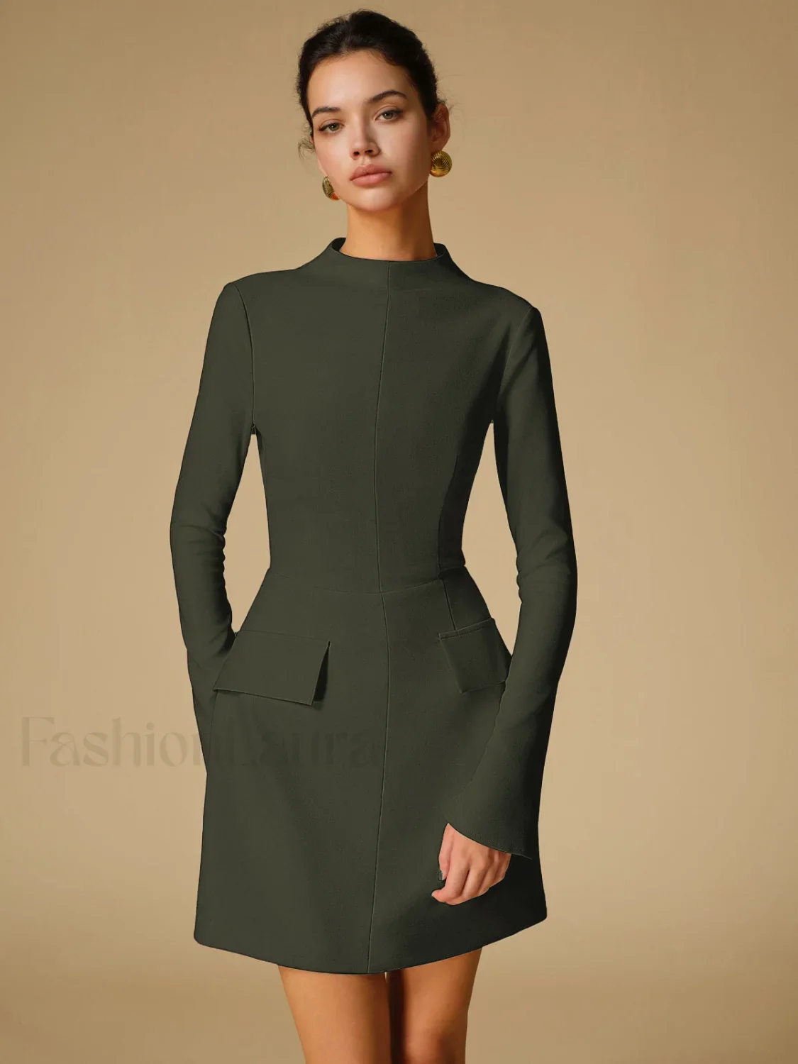 Minimalist Plain Mock Neck Dress - Image 14