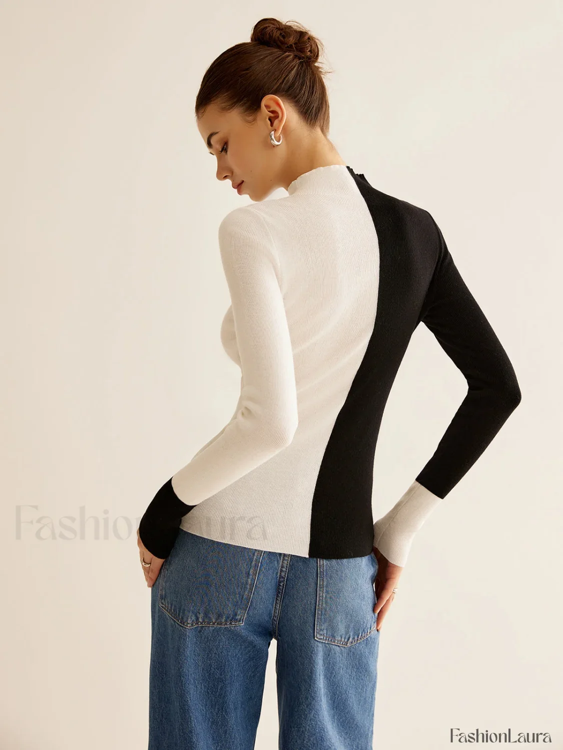 Wool-Blend Two Tone Skinny Knit Top - Image 33
