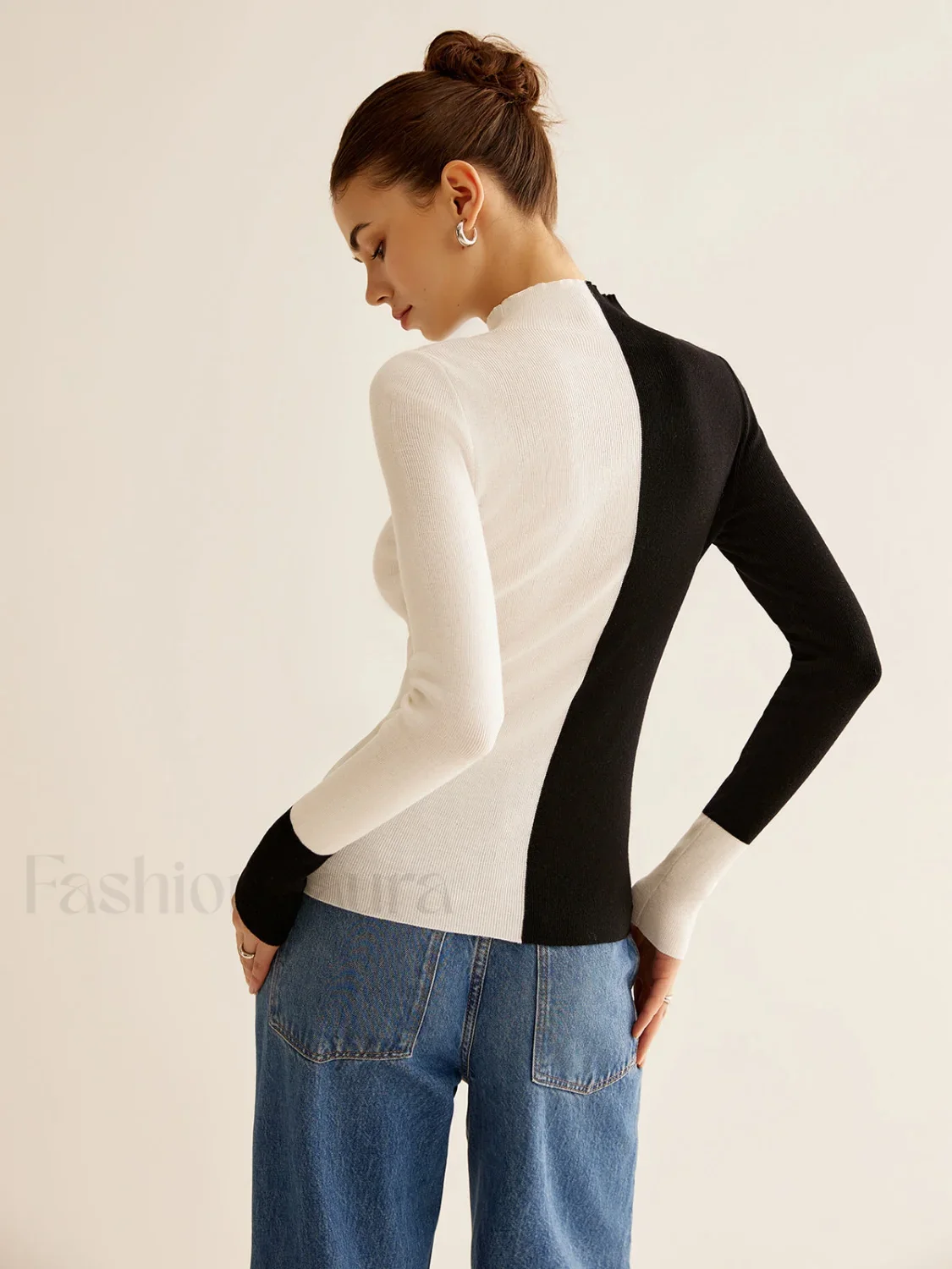 Wool-Blend Two Tone Skinny Knit Top - Image 6