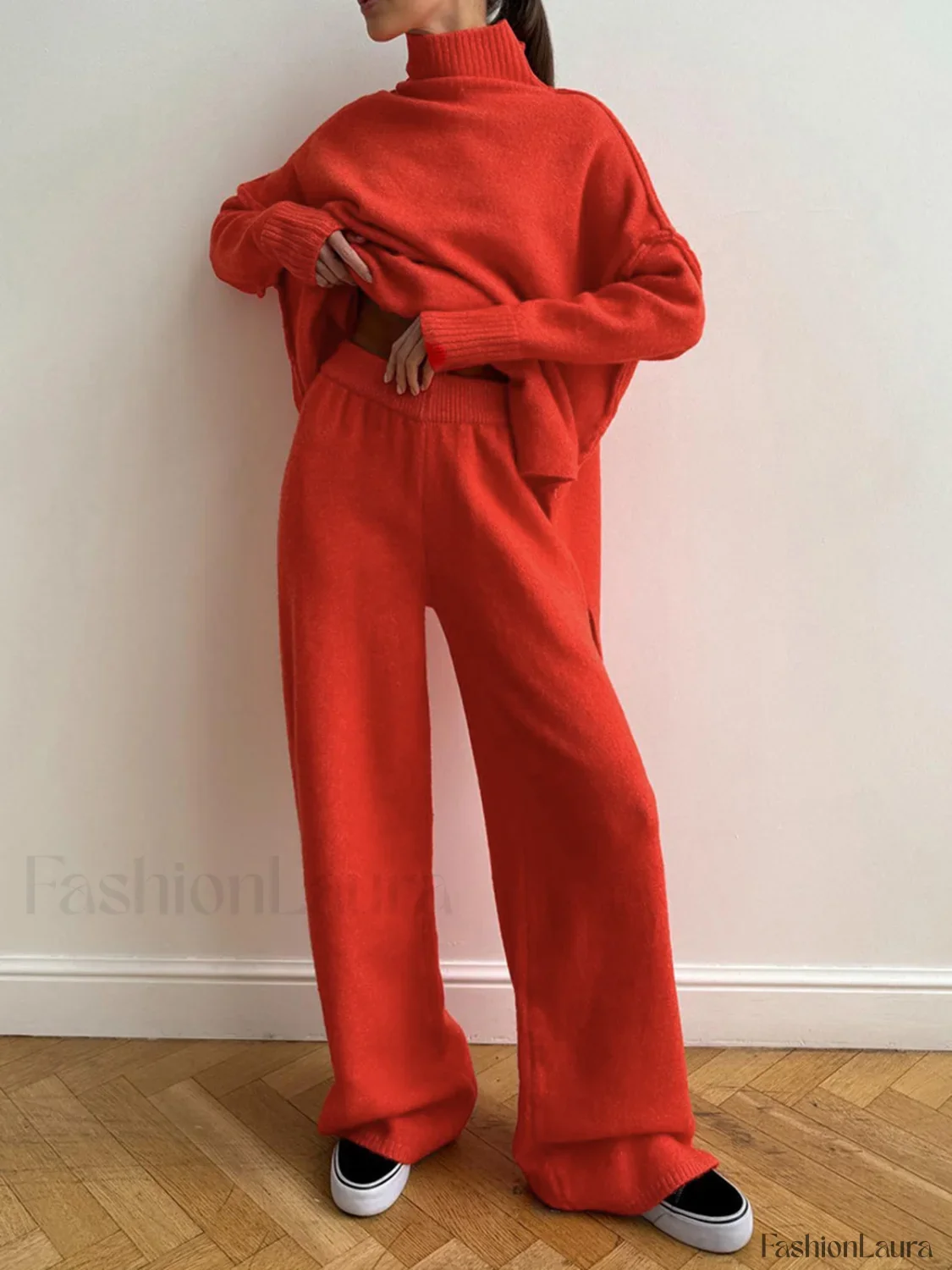 Plain Turtleneck Knit Pants Two Piece Set - Image 21