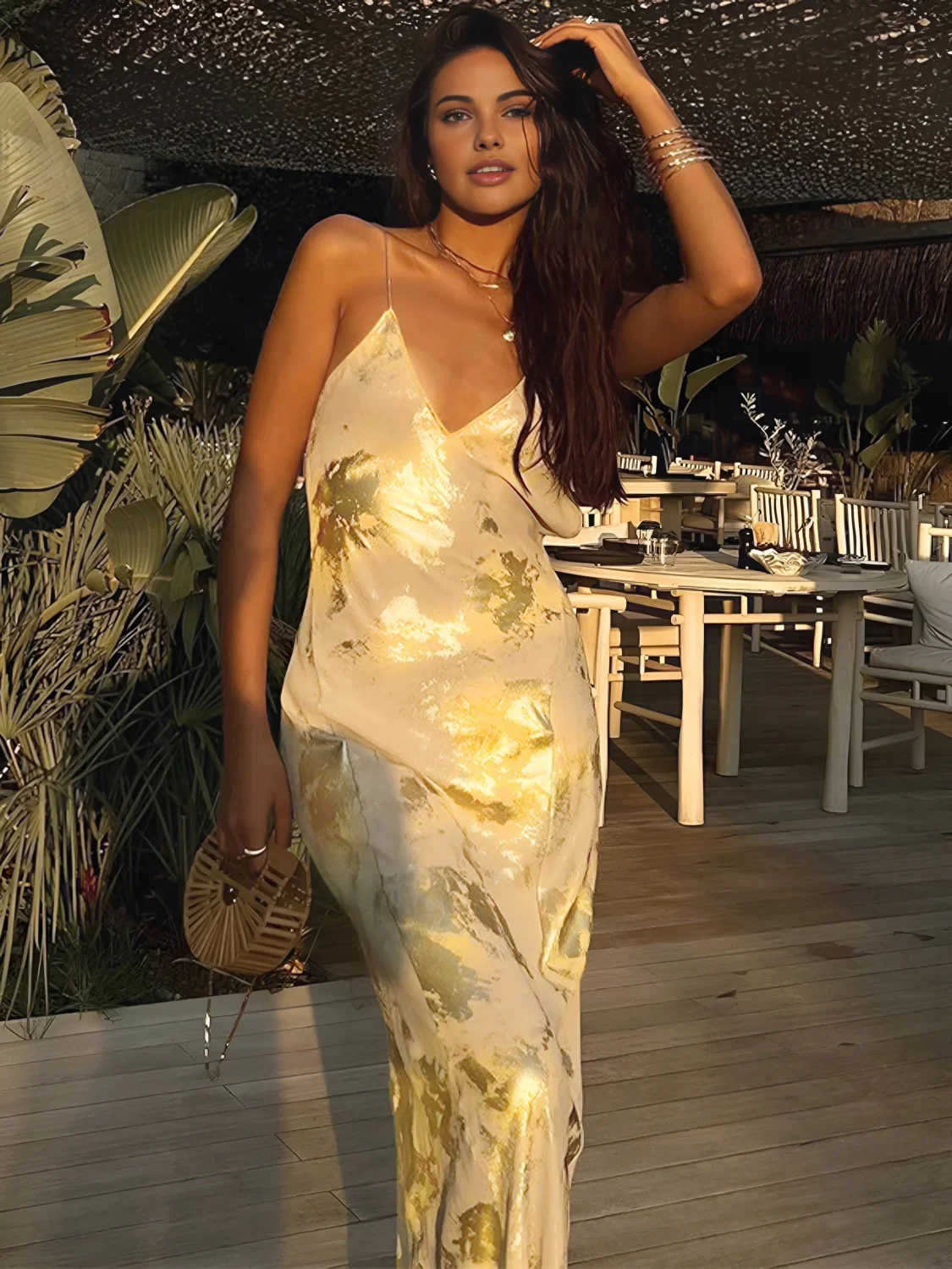 Metallic Print V-Neck Backless Slip Long Dress - Image 4