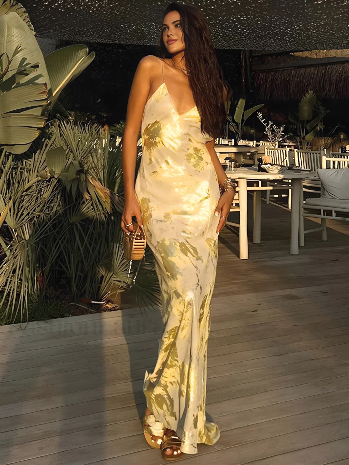 Metallic Print V-Neck Backless Slip Long Dress - Image 7