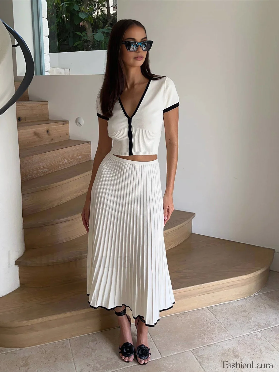 Minimalism Contrast Trim Sweater Skirt Set - Image 13