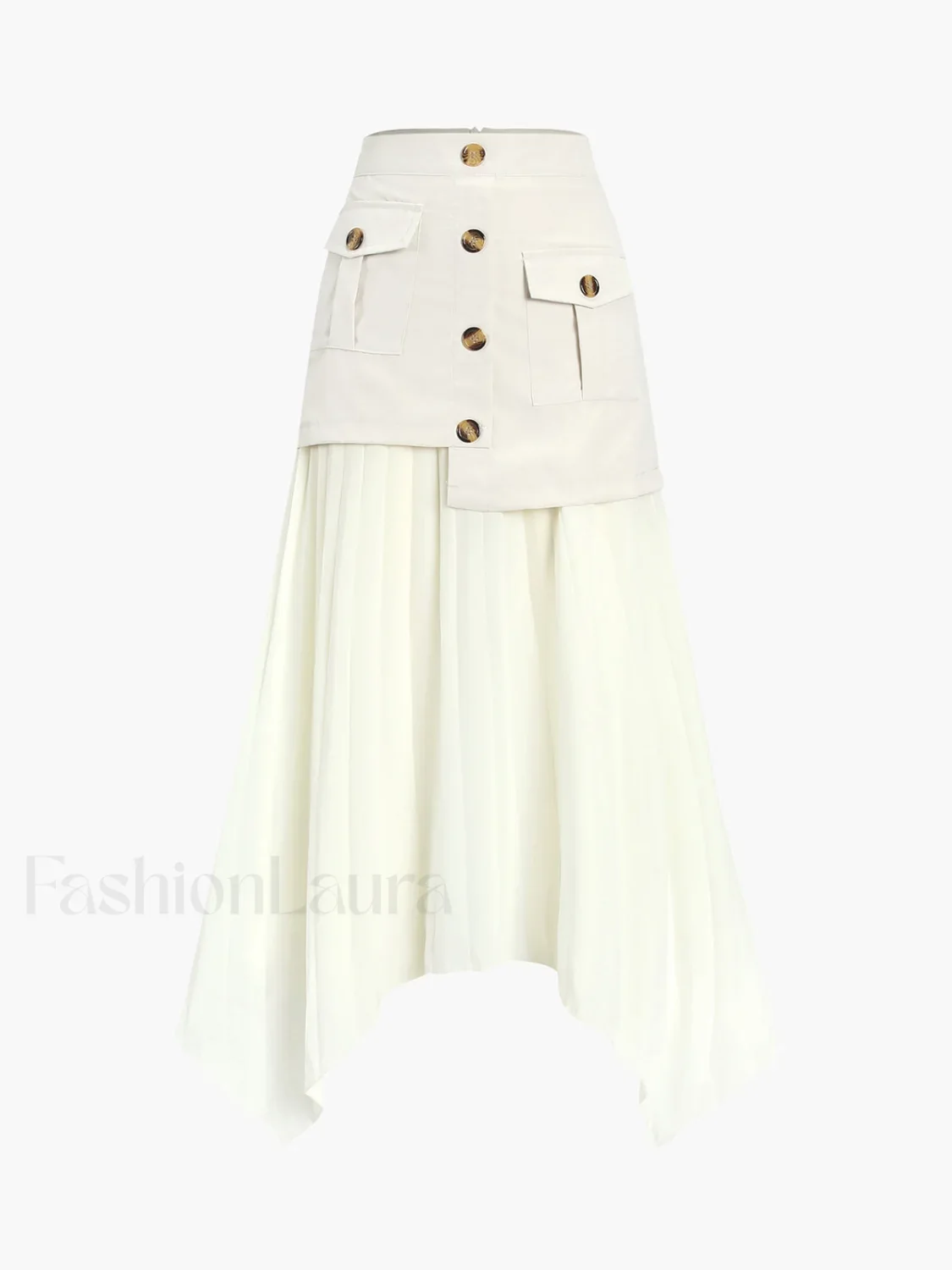 Patchwork Asymmetrical Pleated Buttoned Midi Skirt - Image 3