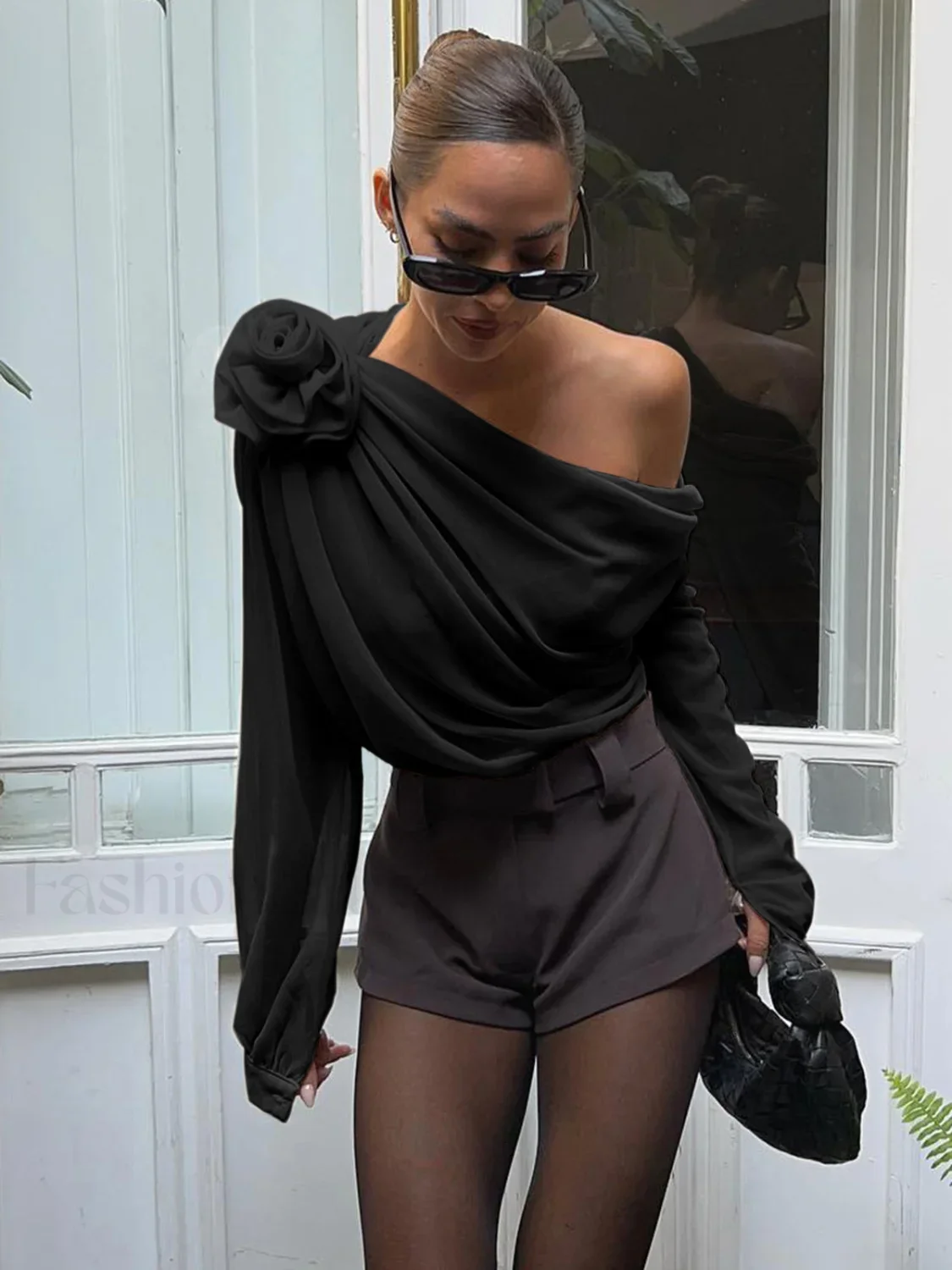 Chiffon Semi-sheer One Shoulder Asymmetrical Blouse - Image 15