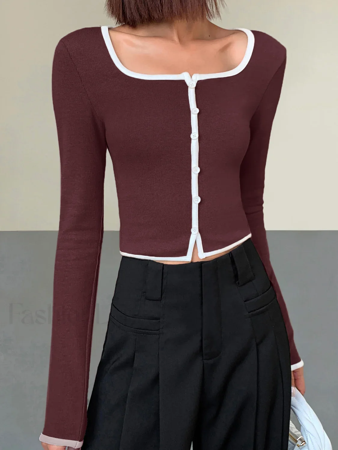 Square Neck Contrast Trim Long Sleeve Knit Shirt - Image 11