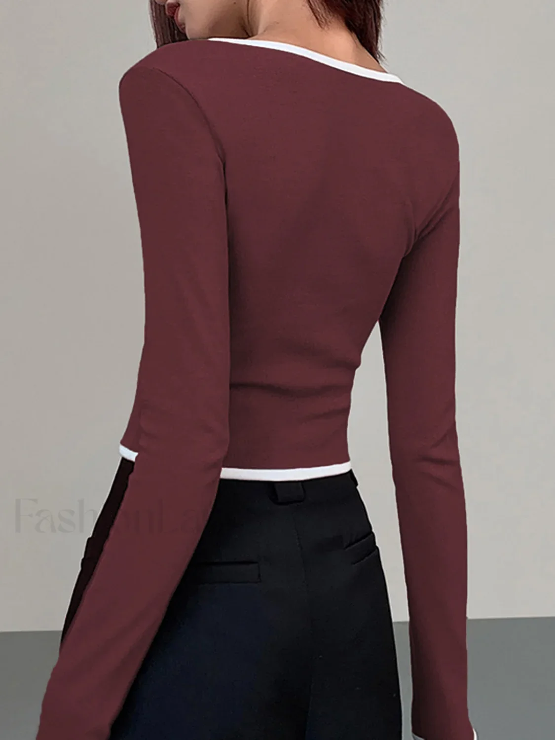 Square Neck Contrast Trim Long Sleeve Knit Shirt - Image 12
