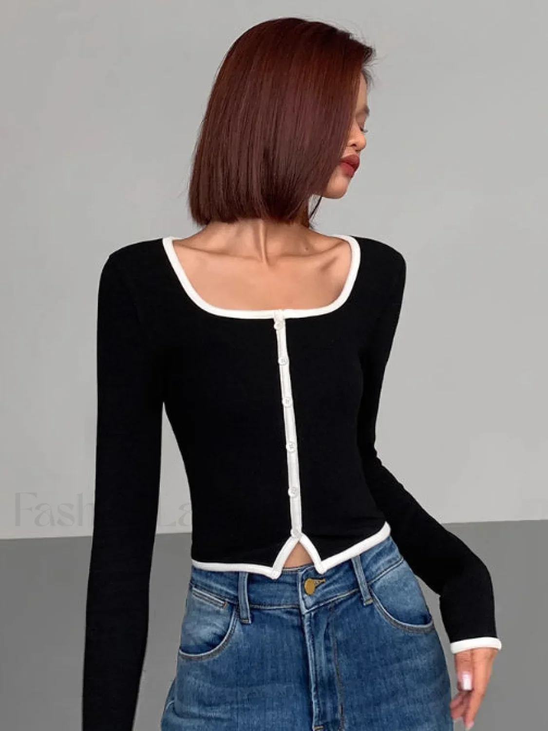 Square Neck Contrast Trim Long Sleeve Knit Shirt - Image 21