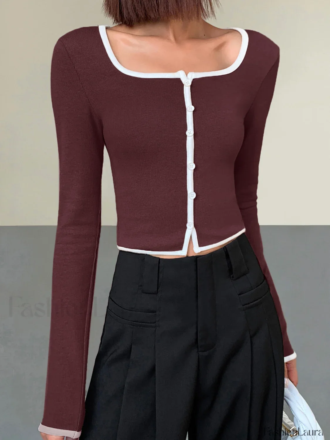Square Neck Contrast Trim Long Sleeve Knit Shirt - Image 26
