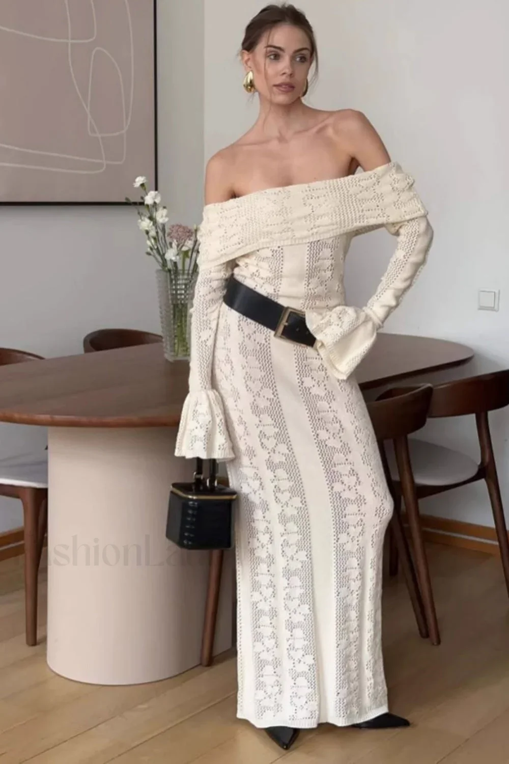 Cutout Off-Shoulder Crochet Knit Bodycon Maxi Dress - Image 2