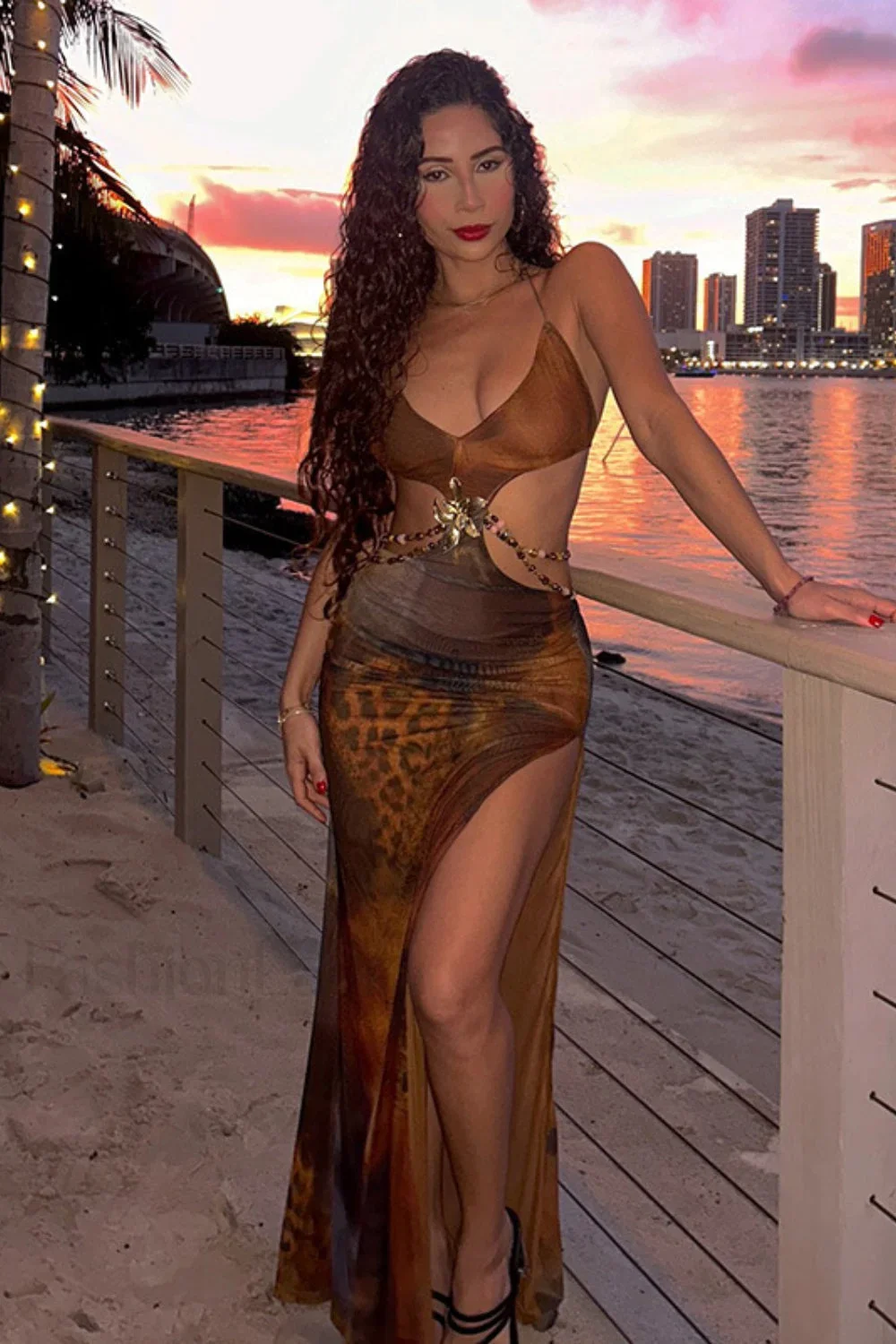 Deep V Neck Side-Slit Bodycon Maxi Dress - Image 5