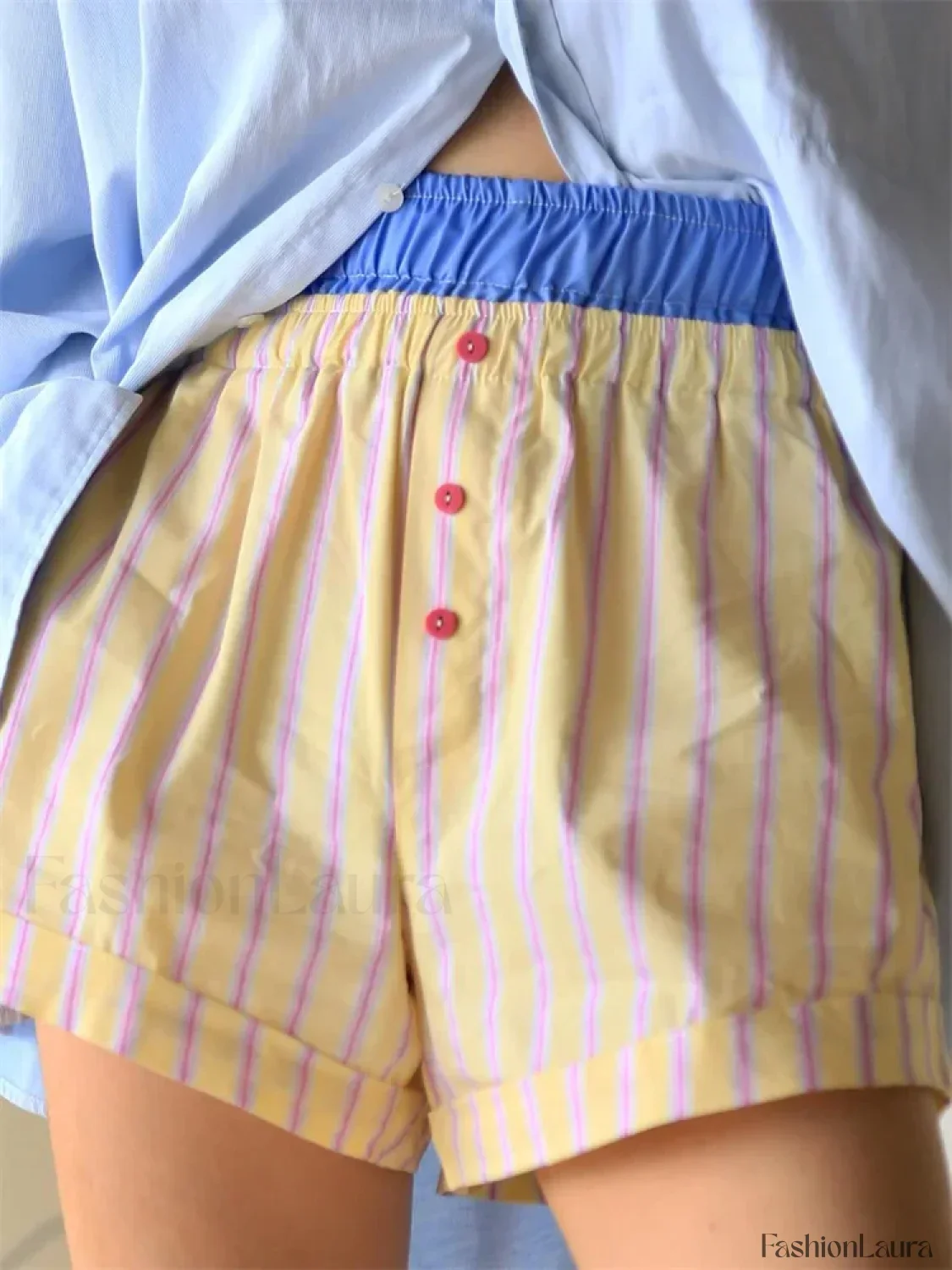 Elastic High Waist Patchwork Striped Print Casual Summer Short - Image 19