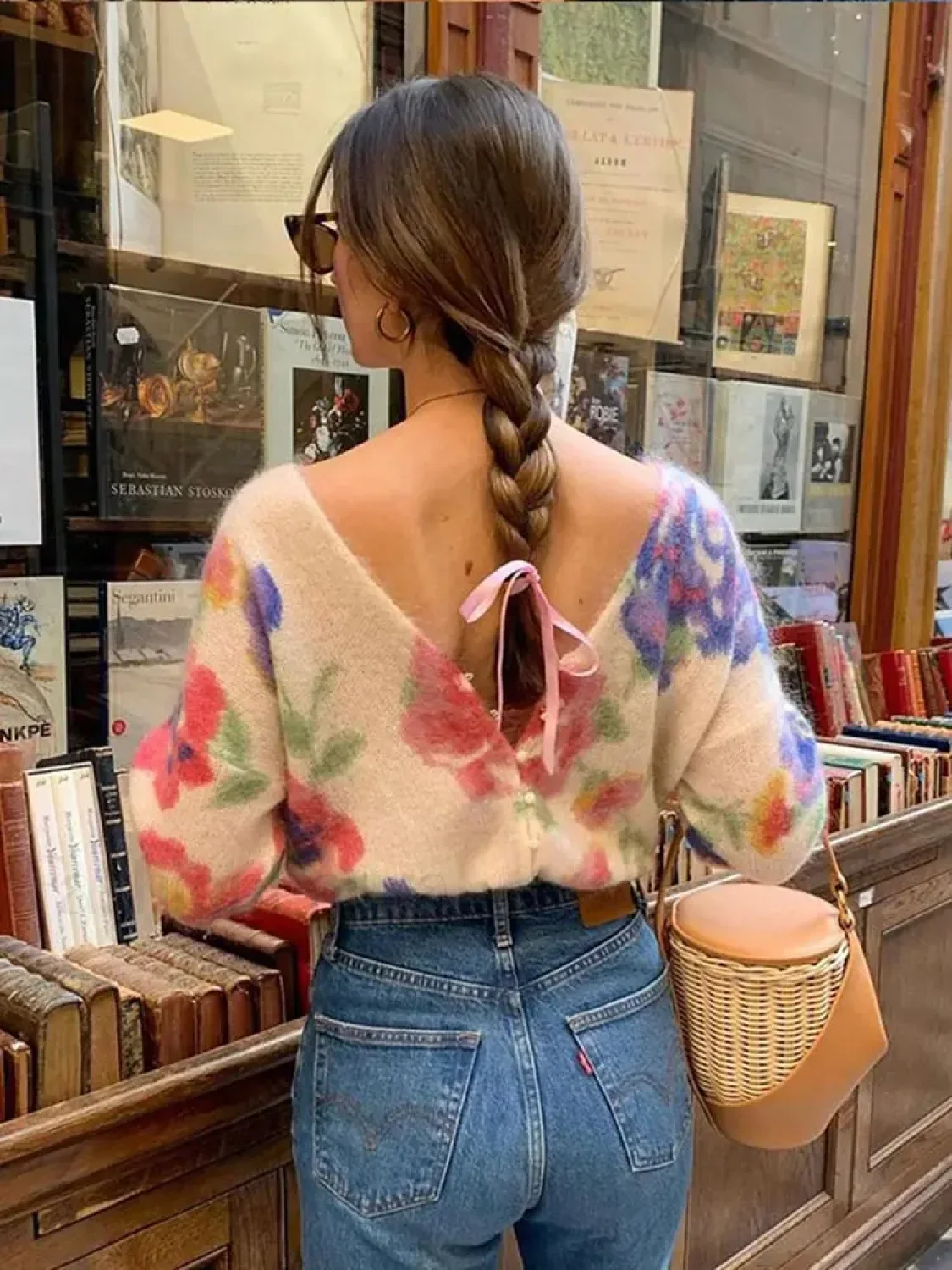 Elegant Flower Print Backless Knitted Women Fashion V Neck Long Sleeve Sweater - Image 5