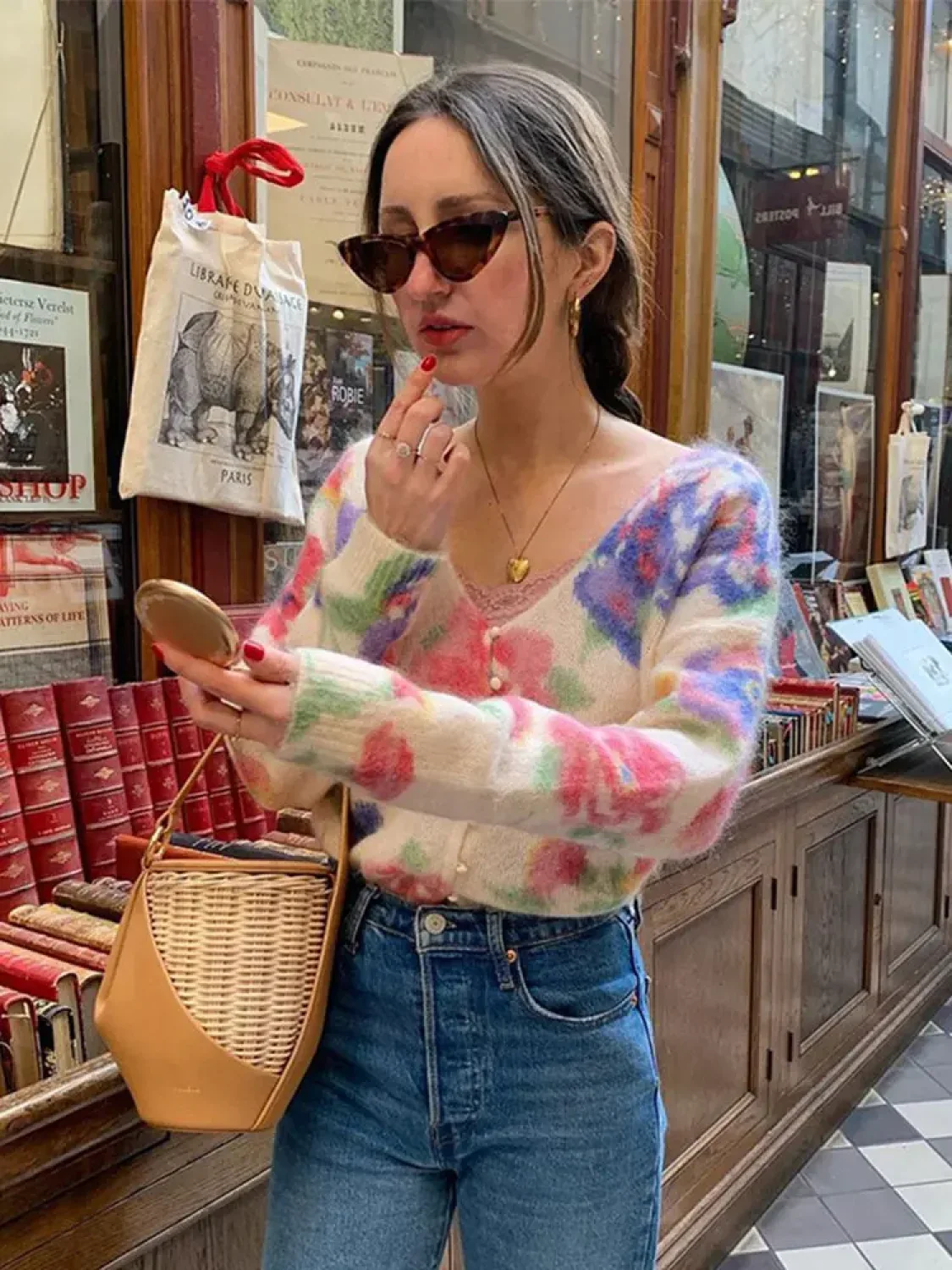 Elegant Flower Print Backless Knitted Women Fashion V Neck Long Sleeve Sweater - Image 8