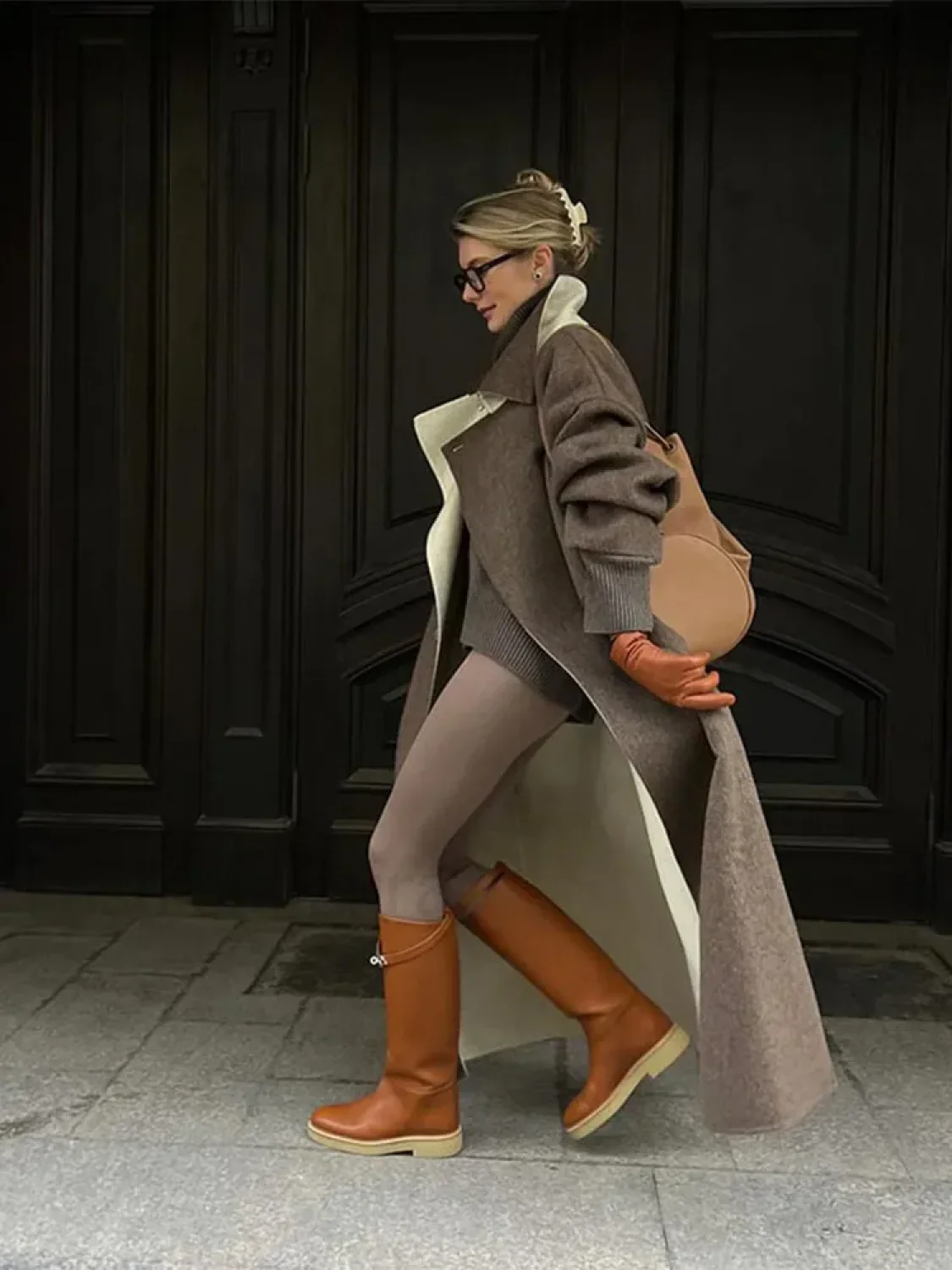 Elegant Patchwork Lapel Long Sleeve Woolen Overcoats - Image 11