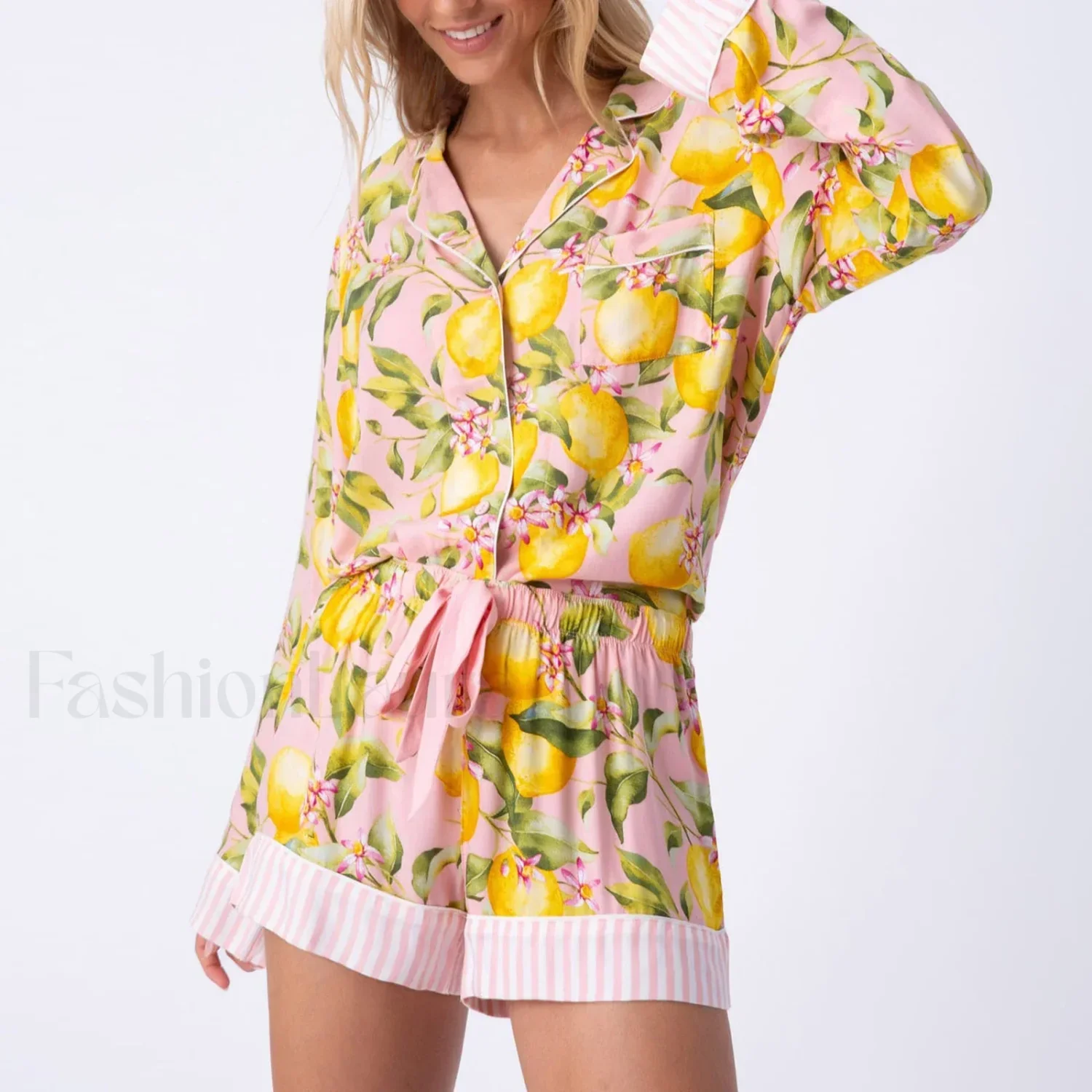 Fall Stripe/Fruit Print Button Shirt Drawstring Shorts Two Piece Set - Image 6