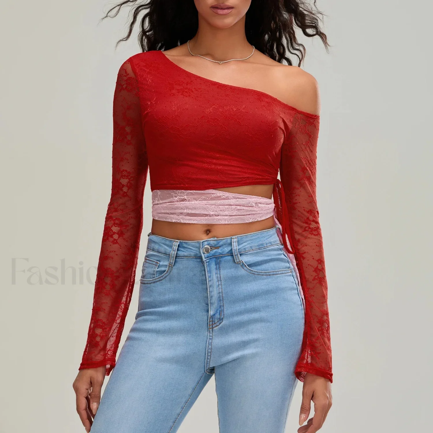 Fashion Sexy Lace Long Sleeve Oblique Neck T-Shirt - Image 11