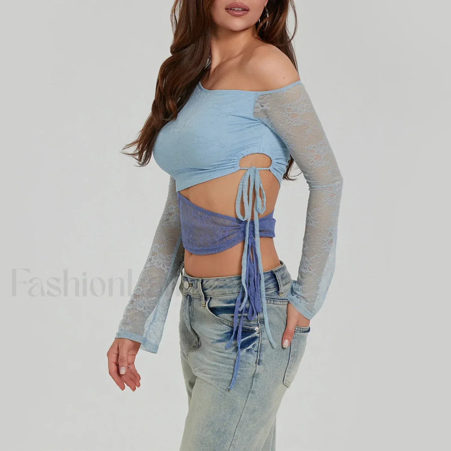 Fashion Sexy Lace Long Sleeve Oblique Neck T-Shirt - Image 13