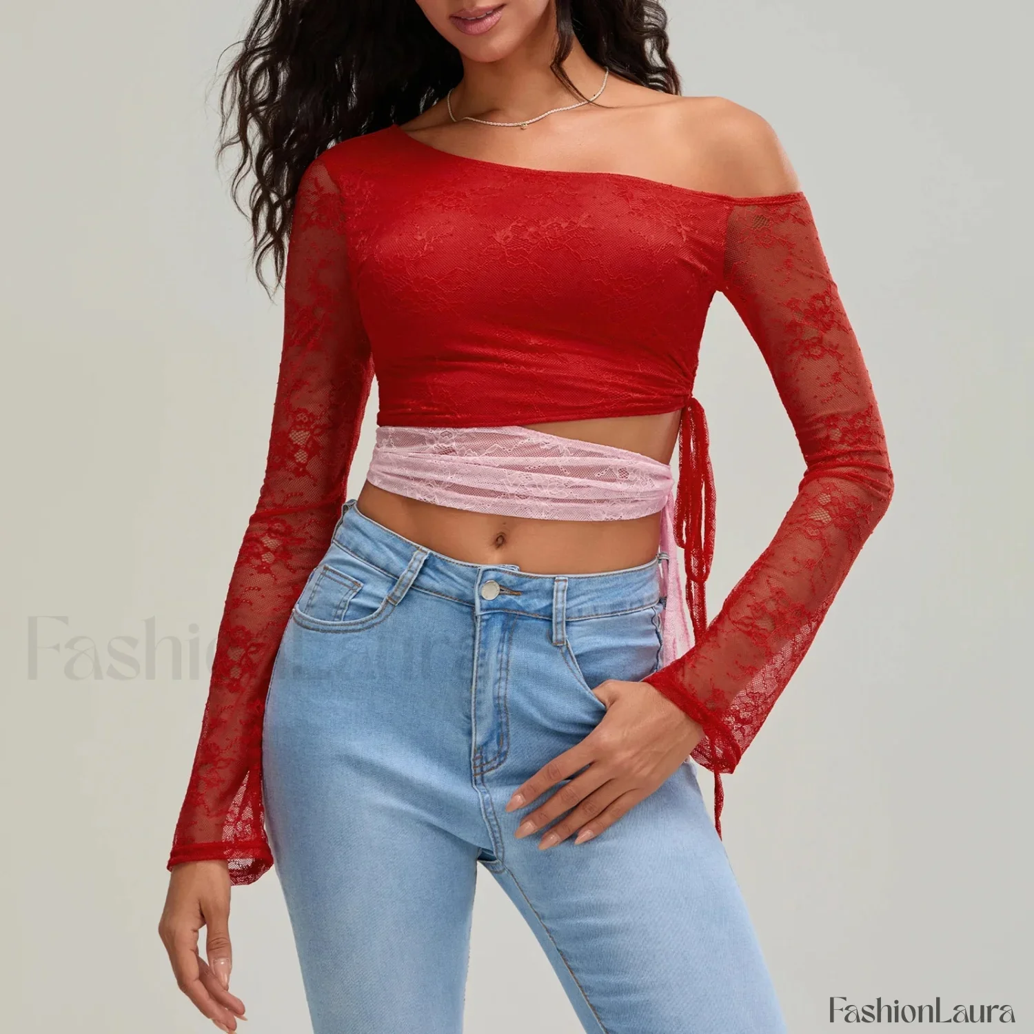 Fashion Sexy Lace Long Sleeve Oblique Neck T-Shirt - Image 17